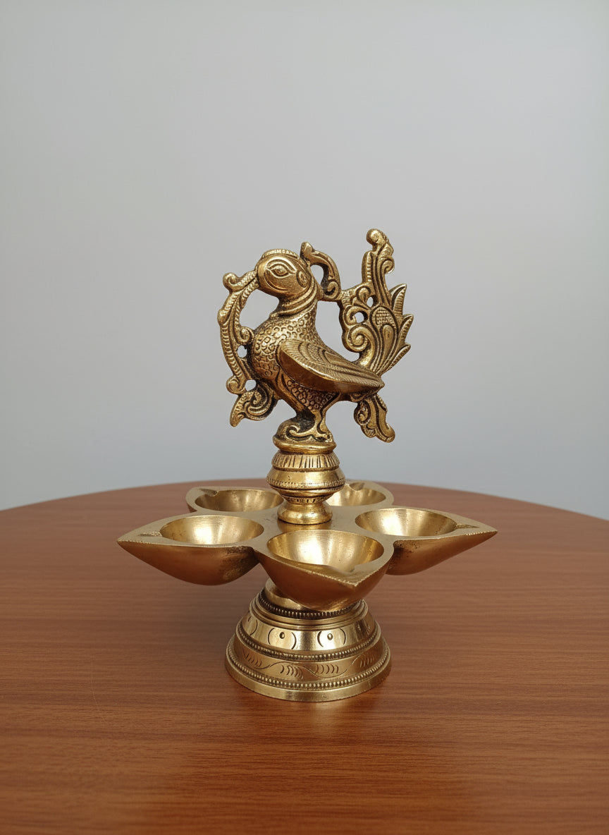 brass peacock panchmukhi oil lamp diya for home temple